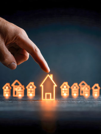 A solitary hand directs attention to a luminous house icon amid a series of glowing home symbols on a dark background, symbolizing decision-making in property optionの写真素材