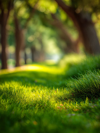 A peaceful forest trail bathed in warm sunlight, framed by lush leaves, offering a serene journey through vibrant greenery with a gentle, blurred backdrop.の写真素材