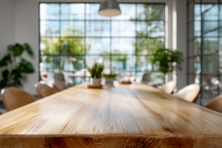 A contemporary workspace featuring a sleek wooden table and plush chairs, illuminated by expansive windows revealing lush scenery and warm sunlight, ideal for creatiの写真素材