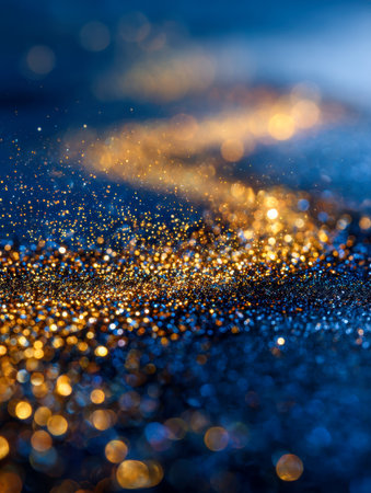 Intricate gold flecks dance across a deep blue backdrop, producing a radiant, out-of-focus glow with shimmering points of light that evoke a sense of magic and elegaの写真素材