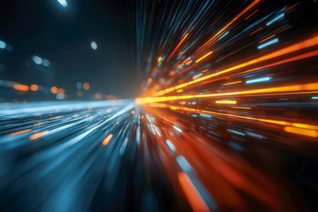 Vibrant blue and orange streaks of light ripple across a dark backdrop, evoking a high-energy atmosphere of advanced technology and rapid movement.の写真素材