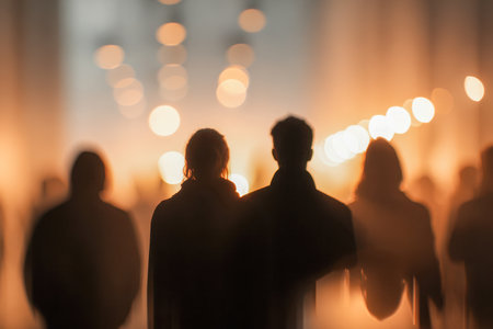 Figures move gracefully along a dimly illuminated city avenue, bathed in gentle amber hues that foster a tranquil, inviting ambiance after twilight.の写真素材