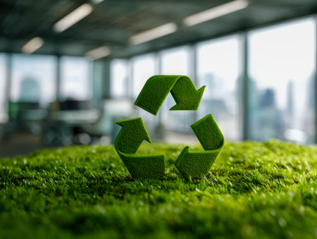 A lush grassy emblem representing circular sustainability, set against a vivid office lawn, emphasizing eco-consciousness and green corporate values.の写真素材