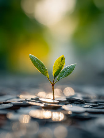 A delicate green sprout emerging from heaps of gleaming coins captures optimism and potential, highlighting the harmony between nature and financial success under geの写真素材