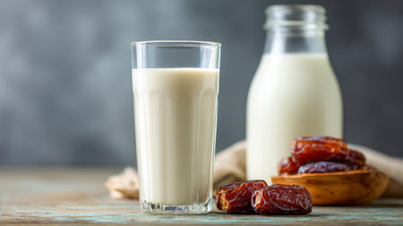 A cool, creamy beverage alongside a jar of naturally sweet dates rests on weathered wood, evoke a sense of wholesome nourishment against a somber gray backdrop.の写真素材