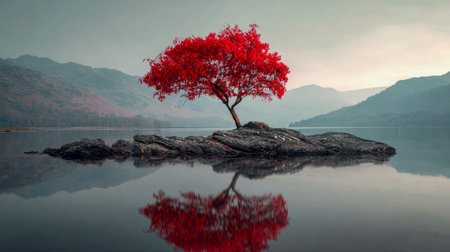 A striking crimson tree stands alone on a rugged isle, its vivid hue mirrored flawlessly in the still water, with hazy mountains looming in the early morning mist.の写真素材
