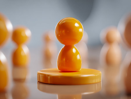 A vibrant orange token asserts dominance amid a sea of out-of-focus pieces, highlighting leadership qualities and strategic placement in a competitive play environmeの写真素材