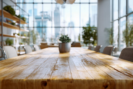 Bright, airy workspace featuring extensive glass windows, lush greenery, and a commanding wooden table, ideal for engaging group discussions and project collaborationの写真素材