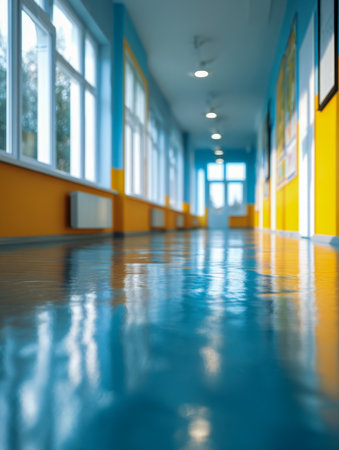 A lively corridor bathed in natural sunlight, with vibrant walls and a glossy blue surface that mirrors the luminous surroundings, fostering a warm learning environmentの写真素材