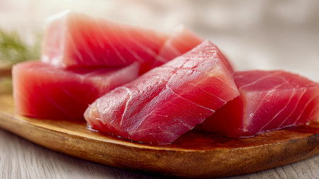 Vibrant tuna fillets rest on a rustic wooden tray, illuminated by gentle sunlight, creating an inviting scene ideal for culinary prep or sushi crafting.の写真素材