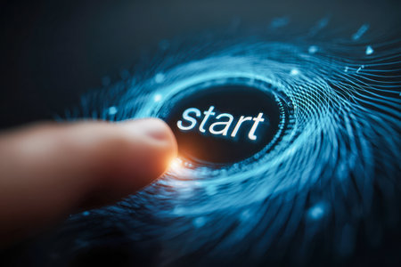 A single fingertip glows as it activates a luminous control, set amidst intricate digital grid motifs that depict the dawn of a high-tech operation.の写真素材