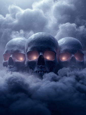 Beneath a cloudy midnight sky, spectral skulls with luminous eyes rise from thick, twisting mist, evoking a chilling, otherworldly presence in shadowy blue hues.の写真素材