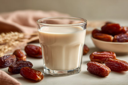 A smooth, dairy-free drink sits center stage, flanked by ripe dates, evoking a sense of wholesome nutrition perfect for health-conscious snacking.の写真素材