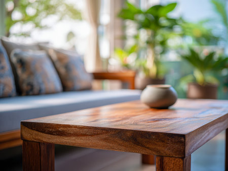 A refined wooden centerpiece with intricate grain patterns complements a plush sofa and lush greenery, crafting a welcoming and tranquil living space.の写真素材
