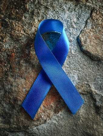 A calming blue ribbon resting on a rough stone surface, set against warm earthy tones, evoking unity and compassion through a balanced, textured composition.の写真素材