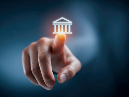 An individual interacts with a sleek, holographic display, effortlessly choosing digital symbols representing government or financial services in a cutting-edge enviの写真素材