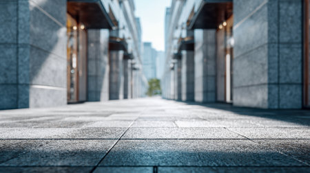 A bustling city sidewalk bathed in gentle morning light, revealing sleek granite facades and shadows that highlight the urban vibrancy and fresh start.の写真素材