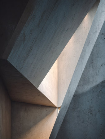 A captivating scene showing the dynamic contrast of sunlight and shadows illuminating intricate textured concrete forms, forming a striking abstract urban design.の写真素材