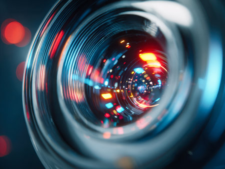 A detailed close-up revealing vibrant light patterns and delicate glass intricacies, highlighting cutting-edge optical engineering within a contemporary photographyの写真素材