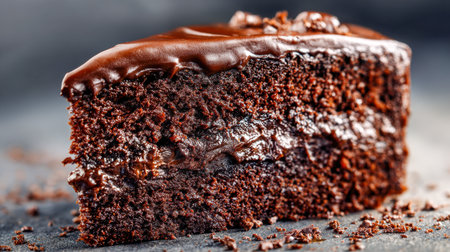 Indulge in a luscious chocolate treat featuring a moist, layered interior crowned with a shimmering, velvety ganache, perfectly complemented by a rustic dark backdroの写真素材