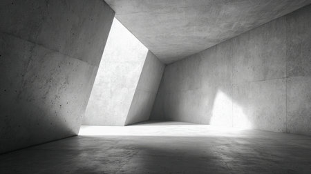 A stark, monochrome space featuring inclined concrete planes and a prominent triangular opening that floods the interior with shifting sunlight, creating striking paの写真素材
