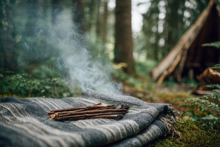 A gentle smoke rises from a bundle of damp twigs placed on a cozy, striped wool blanket amidst a...