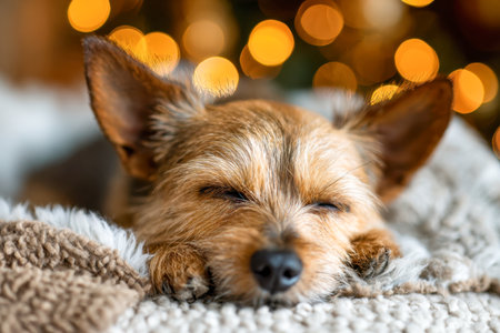 A gentle scene of a tiny dog curled up on plush blankets, bathed in soft, amber glows that craft a tranquil, cozy ambiance within a warm indoor space.の写真素材
