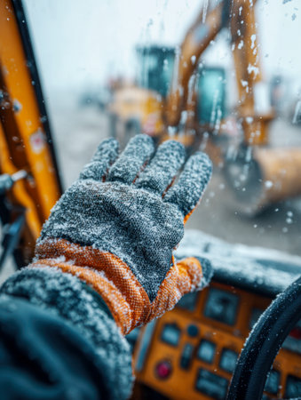 A construction worker's gloved hands grip controls inside a frosty machinery cabin, surrounded by a chilly dawn landscape with distant equipment blurred through theの写真素材