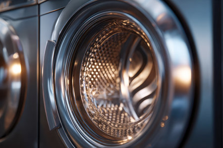 A polished metallic drum with streamlined contours captures ambient illumination, symbolizing cutting-edge laundry household innovation in a modern environment.の写真素材
