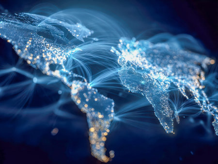 A high-tech blue globe featuring luminous data streams linking continents, symbolizing advanced...