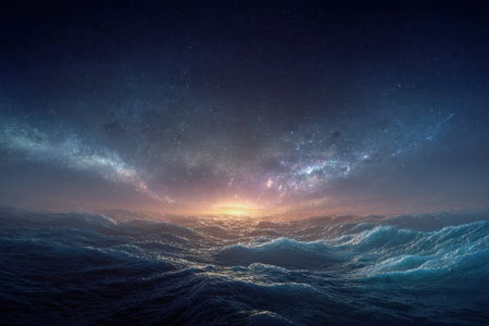 Calm, moonlit waters ripple beneath a sparkling sky, with a radiant sunset casting a gentle glow...