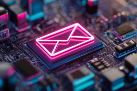 A glowing neon pink envelope icon symbolizes fast digital messaging amidst a high-tech circuit landscape, illuminated by vibrant blue and purple light accents.の写真素材