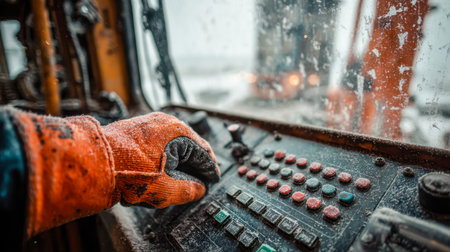 A focused worker's hand, clad in a bright orange glove, presses colorful buttons on a machinery control panel amid icy frost reflections on the glass surface.の写真素材