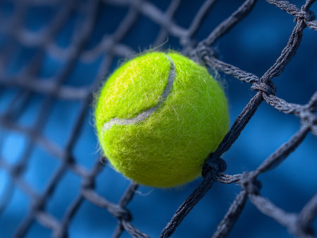 A vibrant tennis ball is frozen mid-motion within a shadowy mesh, set against a softly blurred blue playing surface, capturing the energy of a lively match.の写真素材