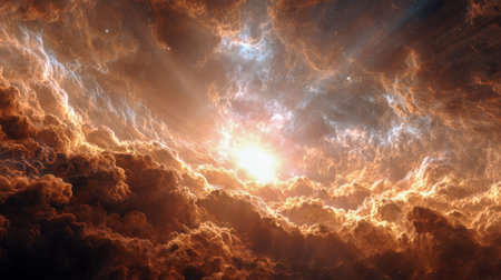 A fiery sunset casts luminous rays through turbulent clouds, transforming the sky into an...