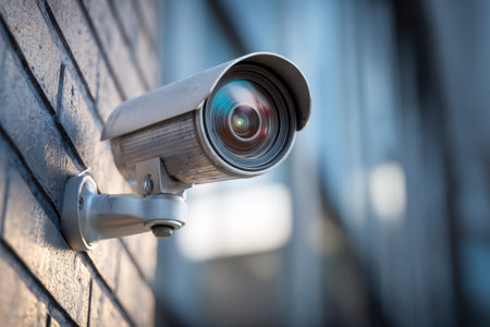 A sleek, contemporary security device is positioned on a textured brick exterior, recording...