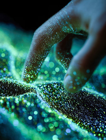 A solitary finger reaches into a cloud of luminous particles, igniting a mesmerizing display of...