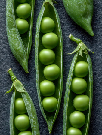 Bright, plump peas nestled in open pods rest on a textured deep-toned backdrop, highlighting their vivid color and intricate natural details in sharp, high-resolutioの写真素材