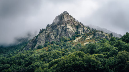 An imposing mountain crest shrouded in fog rises above lush foliage, amid moody skies, embodying...