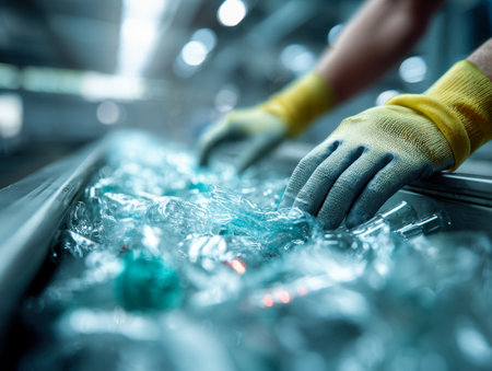 A dedicated worker dons safety gloves while meticulously separating plastic containers along a sleek conveyor, illuminated by precise industrial lighting in a state-の写真素材