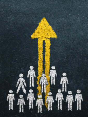 Anillustration showcasing diverse stick figures united, pointing upwards along a striking yellow arrow, emphasizing collaboration, shared goals, and collective advanの写真素材