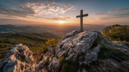 A weathered wooden cross sits atop jagged granite, gazing over an expansive valley bathed in warm sunset light, with tumultuous clouds and gentle distant hills.の写真素材