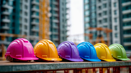Vibrant helmets arranged neatly on a metallic tabletop, with towering skyscrapers and construction...