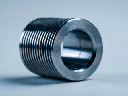 A polished metal component featuring detailed threading and fine grooves, resting on a sleek surface with a calming blue backdrop, highlighting industrial craftsmansの写真素材