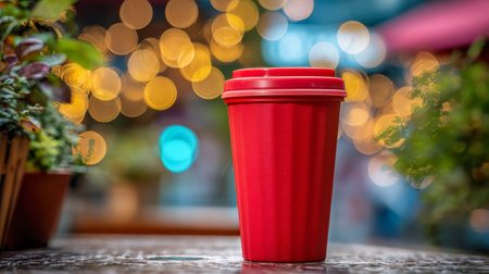 A lively red coffee container rests on a rustic wooden surface, framed by softly blurred greenery and shimmering amber lights that evoke a welcoming, intimate ambianの写真素材