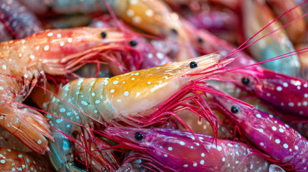 An vivid array of live prawns with strikingly decorated shells and delicate antennae, captured in detailed focus within a bustling seafood market display.の写真素材