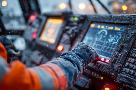 A heavily gloved technician manages a chilly outdoor console, its icy surface and illuminated...