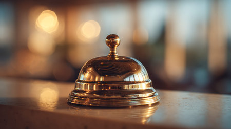 A gleaming gold hospitality bell rests atop a smooth, reflective surface, illuminated by gentle...