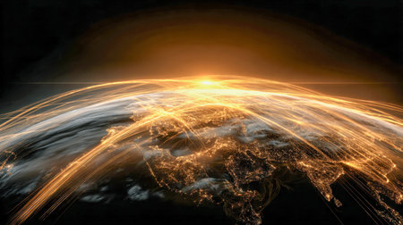 Glowing golden pathways connect distant landmasses on a dark planet, city lights shimmer below, while a new dawn begins, symbolizing worldwide digital interconnectioの写真素材