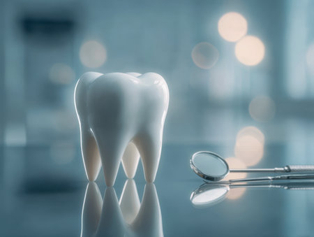 A polished dental replica paired with a metal mirror rests on a glossy surface, with a softly blurred clinical environment emphasizing oral care professionalism.の写真素材